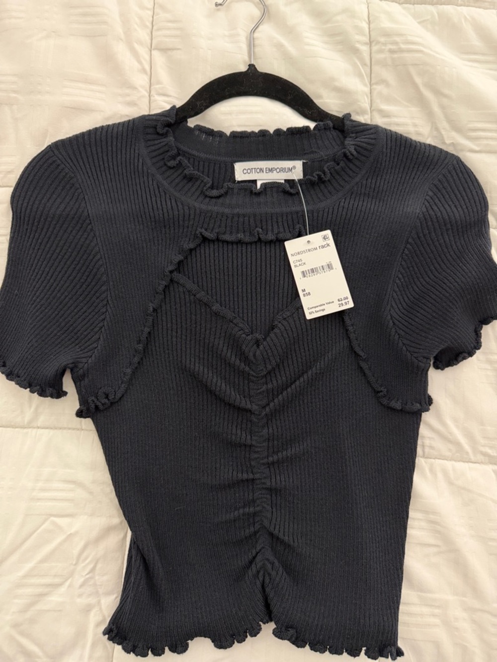 Cotton Emporium Black Ribbed Short Sleeve Crop Top with Ruched Front